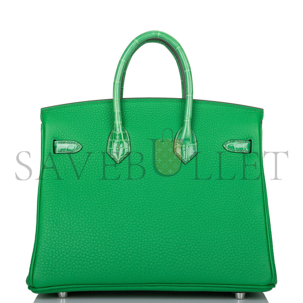H**mes master birkin 25 crocodile and togo leather bamboo green silver buckle h076216ck21 (25*20*13cm)